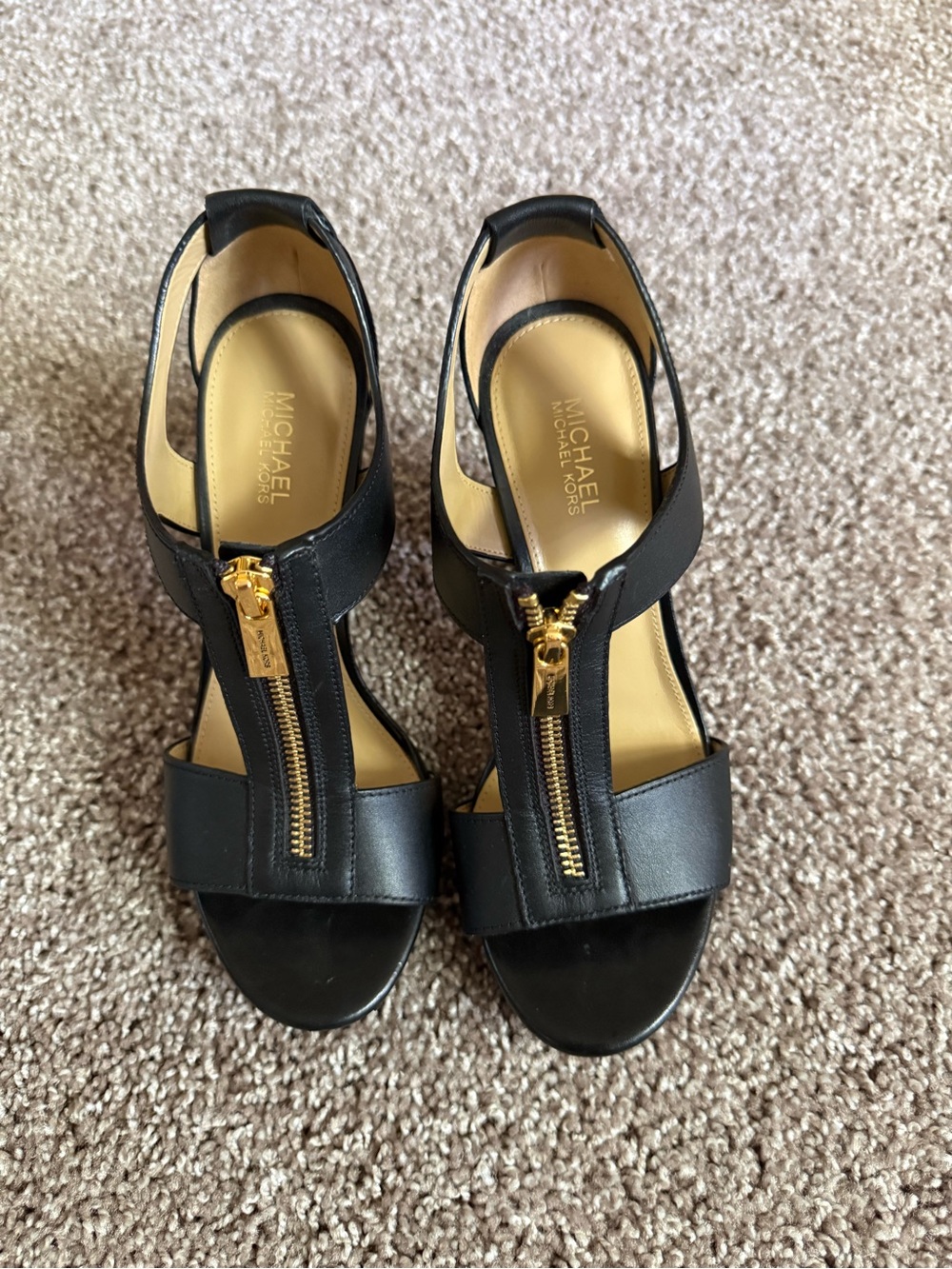 Michael Kors Black Leather T-Strap Sandals with Gold Zippers